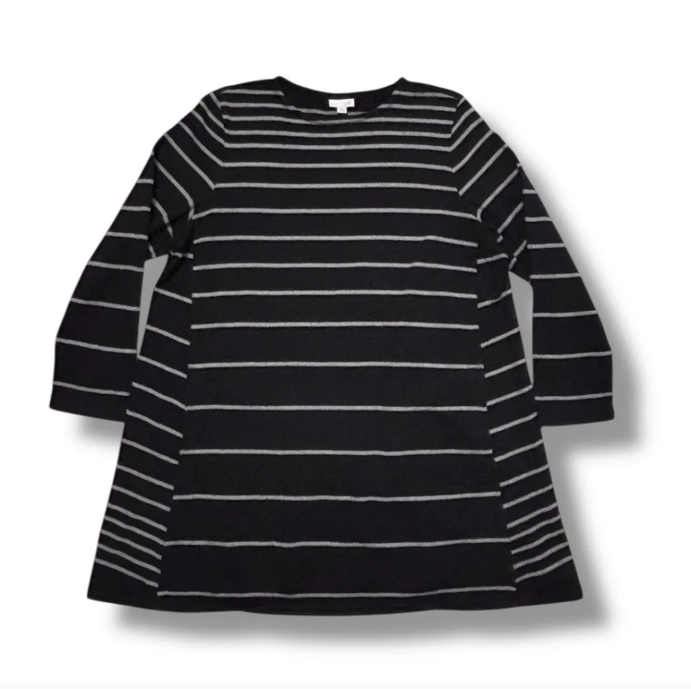 J. JILL Brushed French Terry Crew Neck Dress Black with Grey Stripes